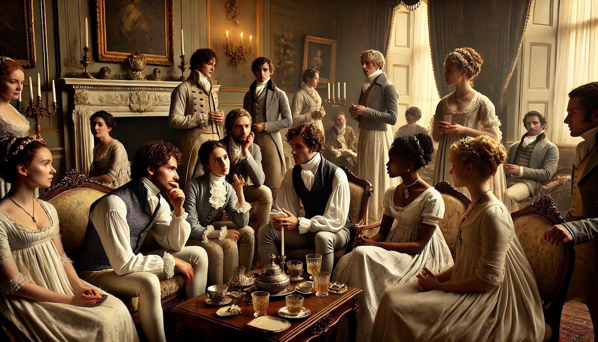  Un’elegante rappresentazione ispirata all’epoca della Reggenza, con un gruppo diversificato di individui in abiti raffinati che interagiscono in un salotto lussuoso. L’immagine enfatizza inclusività, connessione e armonia in un ambiente accogliente e sofisticato.