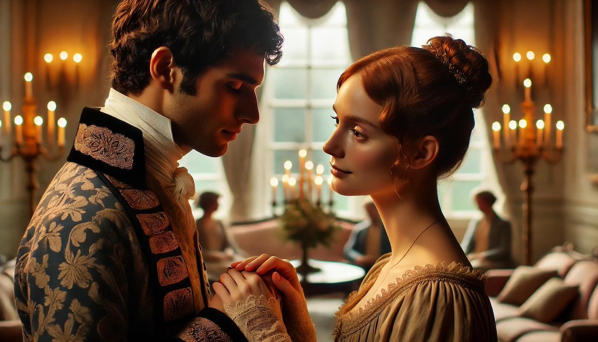 Due persone in abiti Regency conversano in un lussuoso salotto d’epoca, evidenziando una connessione intima e inclusiva in un contesto storico raffinato. 