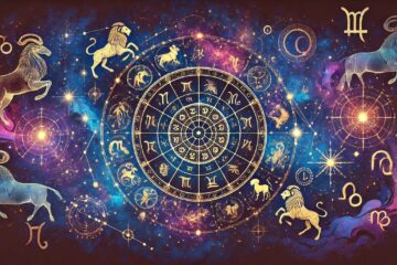 Illustrazione mistica zodiacale con segni astrologici e simboli di passione e intimità su sfondo cosmico