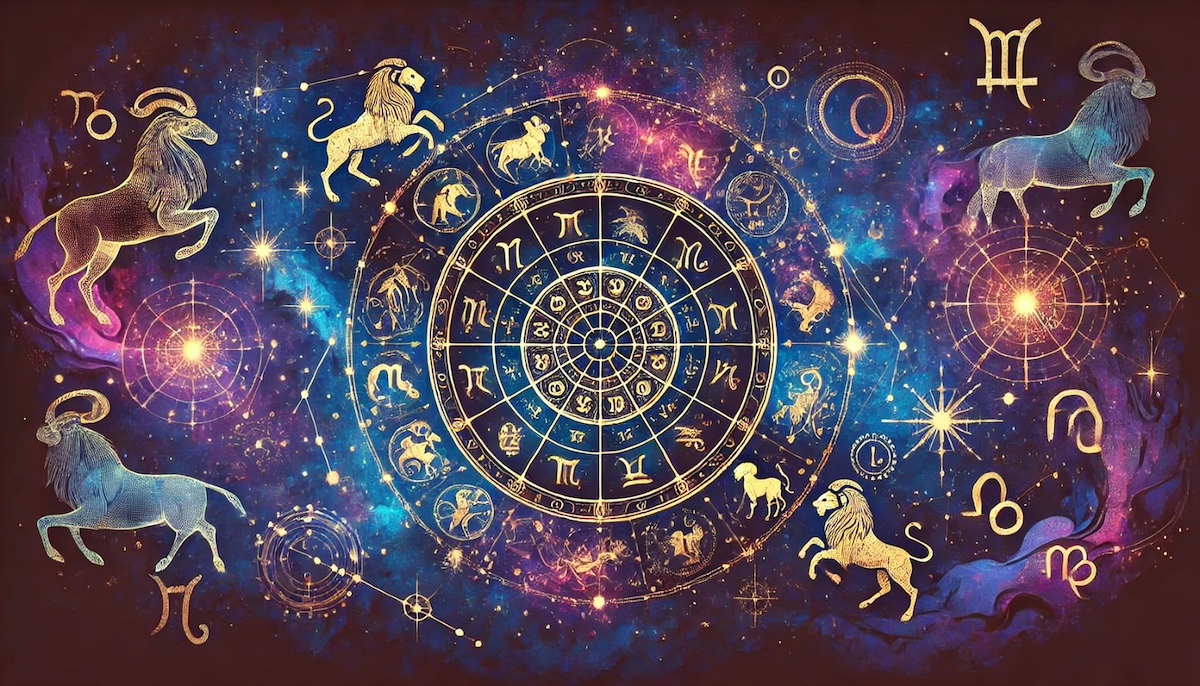 Illustrazione mistica zodiacale con segni astrologici e simboli di passione e intimità su sfondo cosmico