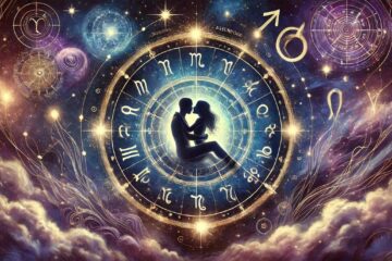 Illustrazione mistica zodiacale con segni e ascendenti su sfondo stellato, simboli di connessione intima e passione.