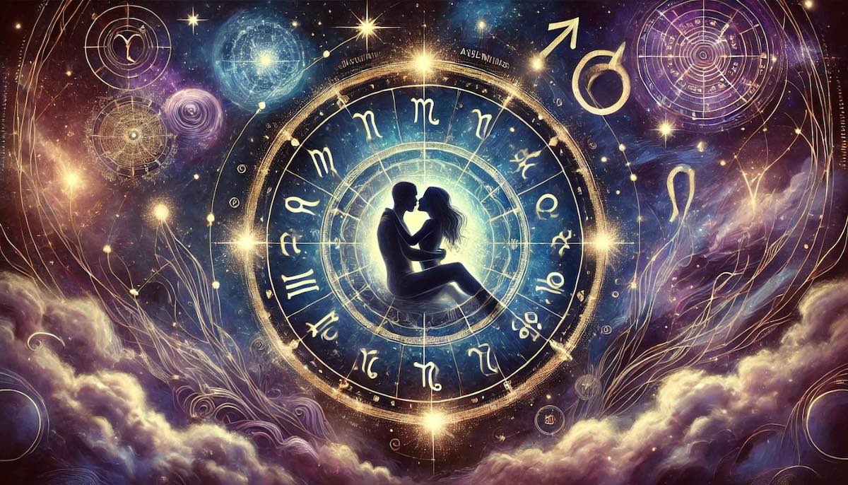 Illustrazione mistica zodiacale con segni e ascendenti su sfondo stellato, simboli di connessione intima e passione.