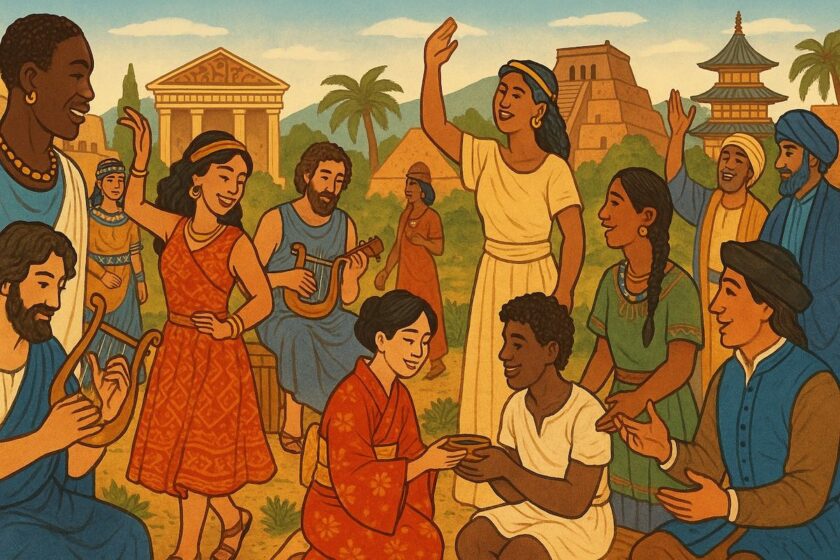 Illustrazione tradizionale che mostra persone di diverse culture antiche, tra cui Grecia, Mesopotamia e Giappone, che celebrano insieme in un ambiente all'aperto positivo e colorato.