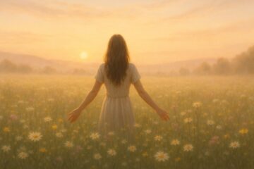 Donna in un campo fiorito al sorgere del sole, simbolo di libertà e consapevolezza femminile