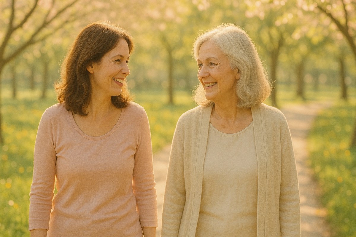 Due donne sorridenti che camminano in un parco primaverile, rappresentazione di sorellanza e prevenzione