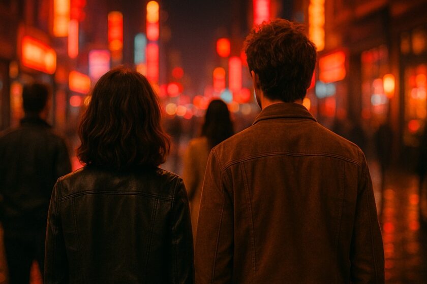 Scena notturna di una città vibrante con atmosfera sensuale e luci al neon.