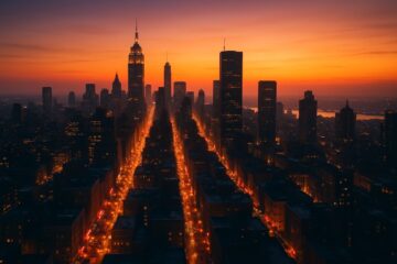 Panorama di una metropoli al tramonto con atmosfera erotica e libertà nell'aria.