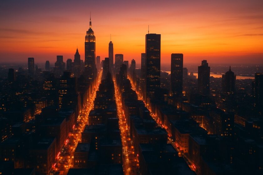 Panorama di una metropoli al tramonto con atmosfera erotica e libertà nell'aria.