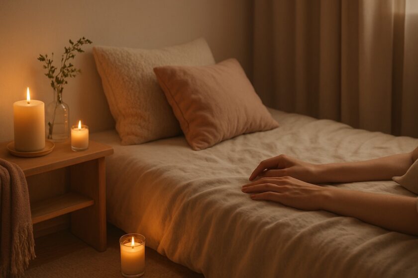 Stanza rilassante con candele accese e mani femminili rilassate, simbolo di preparazione al piacere anale femminile.