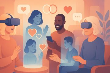 Illustrazione simbolica e moderna di persone che interagiscono attraverso tecnologie digitali e realtà virtuale, rappresentando le nuove relazioni affettive e la sessualità nel 2025.