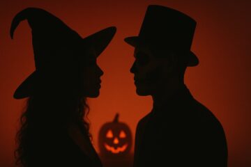 Silhouette di due persone in costumi di Halloween illuminate da luci rosse e arancioni