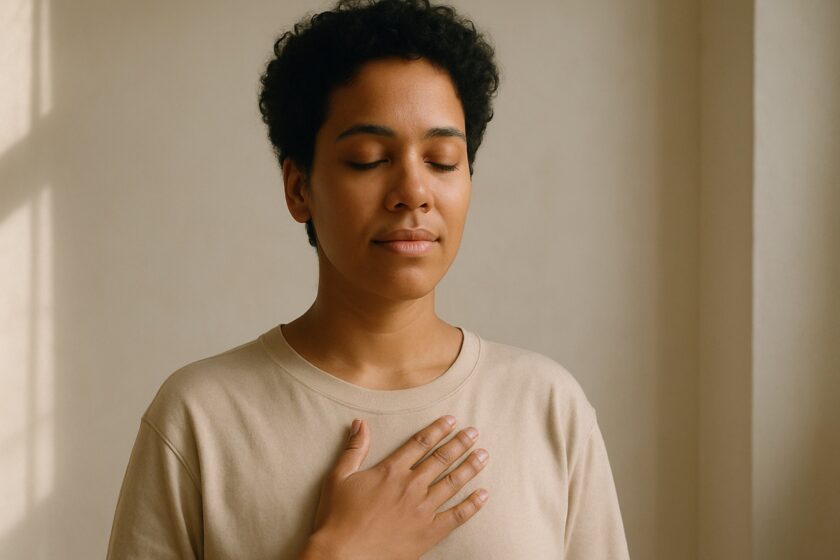 Persona con gli occhi chiusi e mano sul cuore, simbolo di consapevolezza e guarigione sessuale