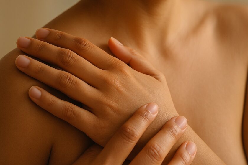 Mani che toccano la pelle con delicatezza, simbolo di ascolto del corpo e piacere consapevole