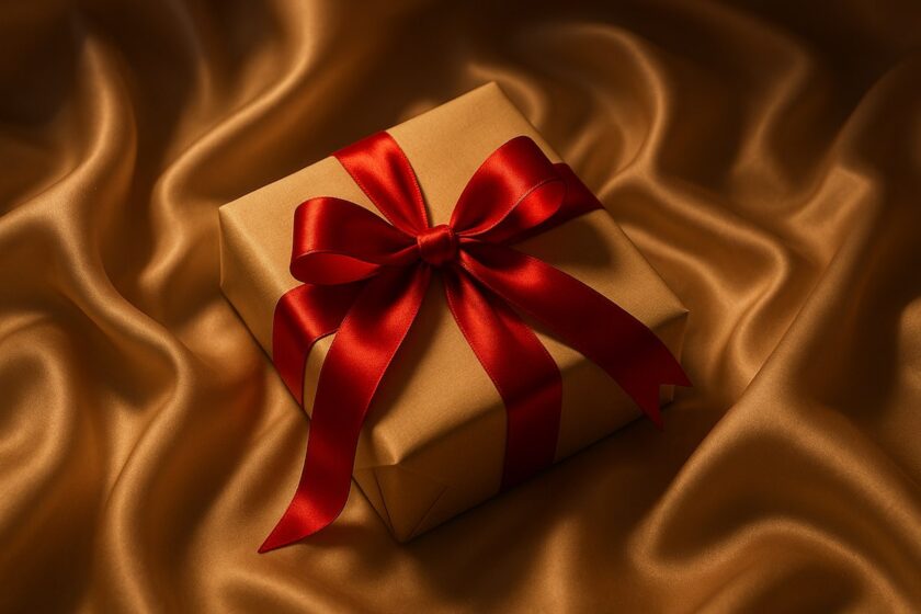 Pacco regalo natalizio con oggetti sensuali su sfondo elegante