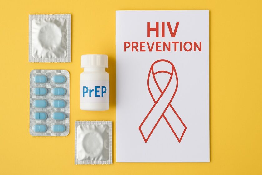 Kit di prevenzione HIV con pillole PrEP, preservativi e materiale informativo