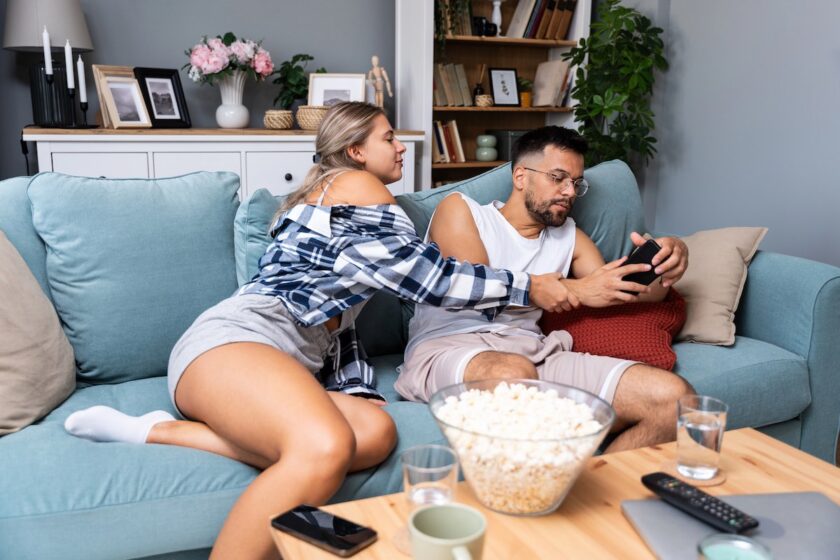 Immagine a tema gelosia e desiderio coppia sul divano con tensione emotiva lieve, luce calda domestica.