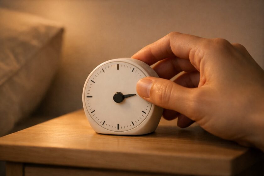 Immagine a tema orgasmo femminile: mano che regola un timer minimal sul comodino, luce calda e atmosfera intima.