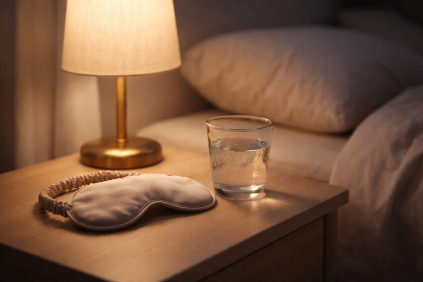 Immagine a tema sesso e sport: comodino con luce calda e oggetti legati al riposo, atmosfera tranquilla.