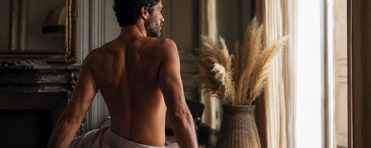 Uomo adulto in camera da letto in atmosfera intima e riflessiva, immagine rappresentativa del piacere maschile senza tabù.